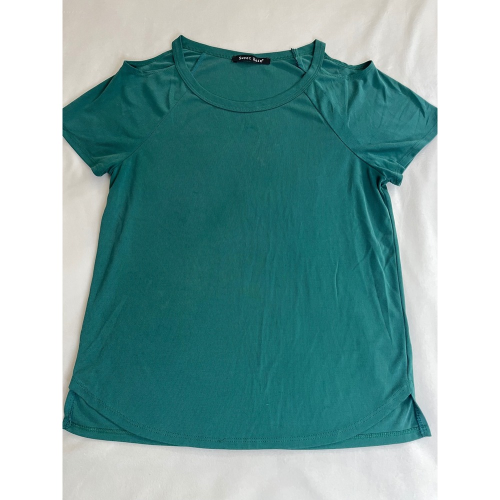 Sweet Rain Womens Cold Shoulder Ribbed Top Teal Green Short Sleeve Crew Neck